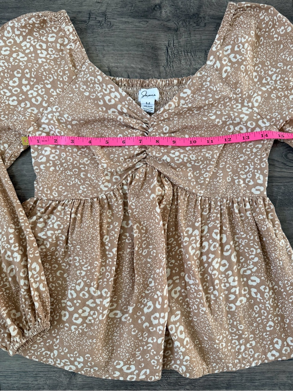 Japna Peplum Blouse Womens Size M Beige Animal Print Boho Smocked Babydoll Top - Picture 9 of 11